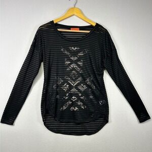 Boho Grunge Spoiled Womens Medium Black Sheer Striped Lace Geometric Graphic Top